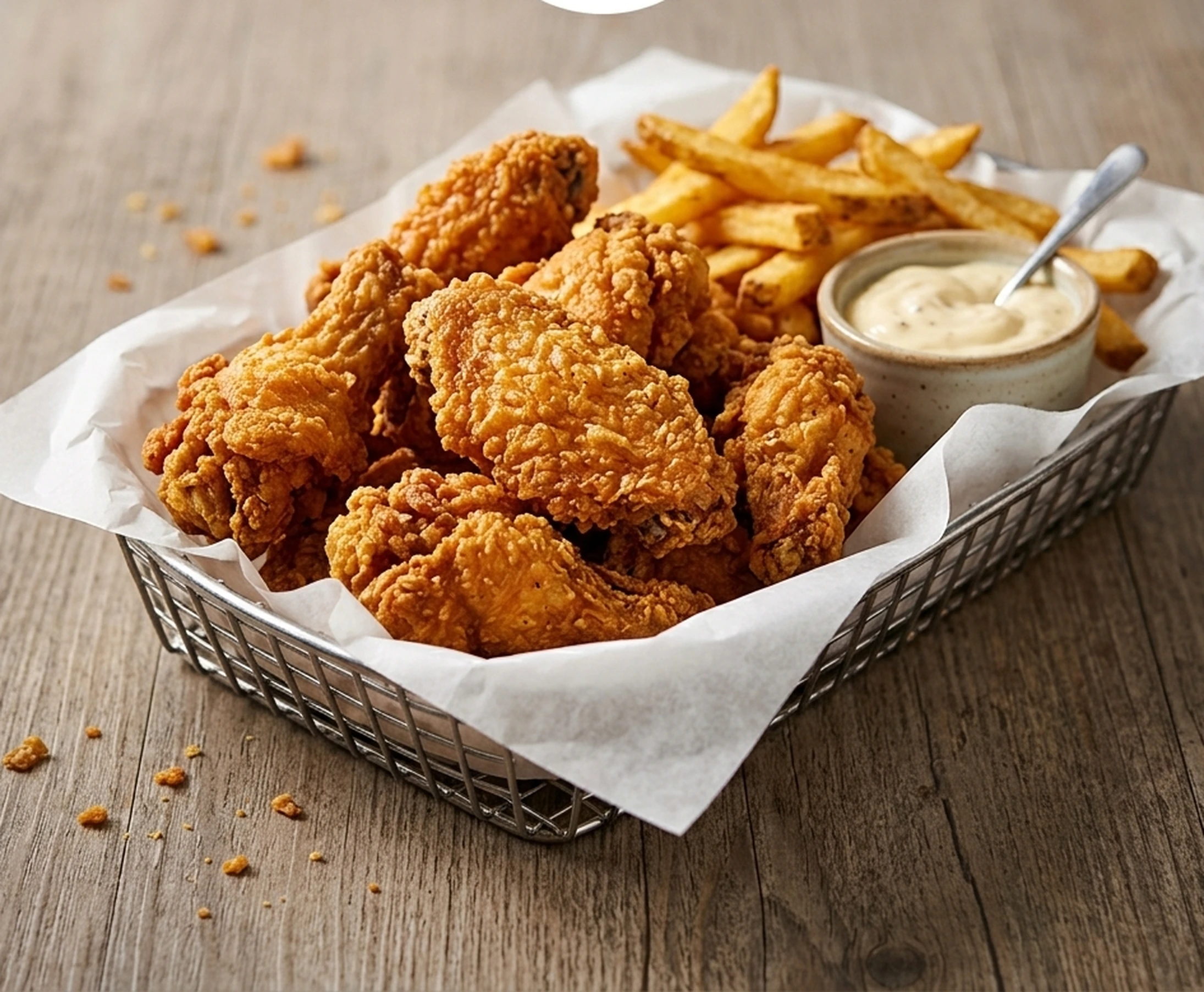 Fried chicken wings with fries at Jackson Heights Fish And Chips Winnipeg