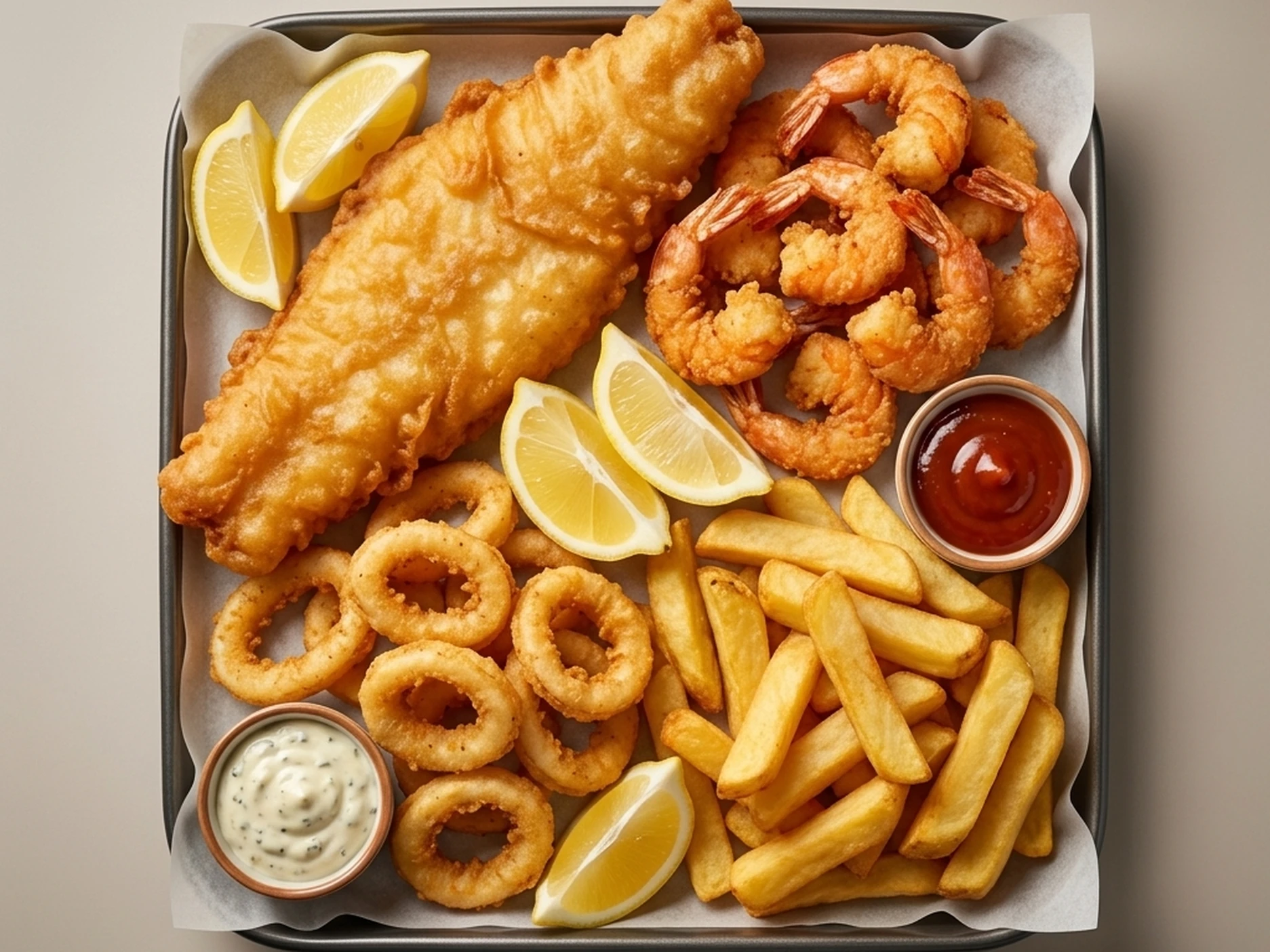 Seafood and chips platter with golden battered fish at Jackson Heights Winnipeg
