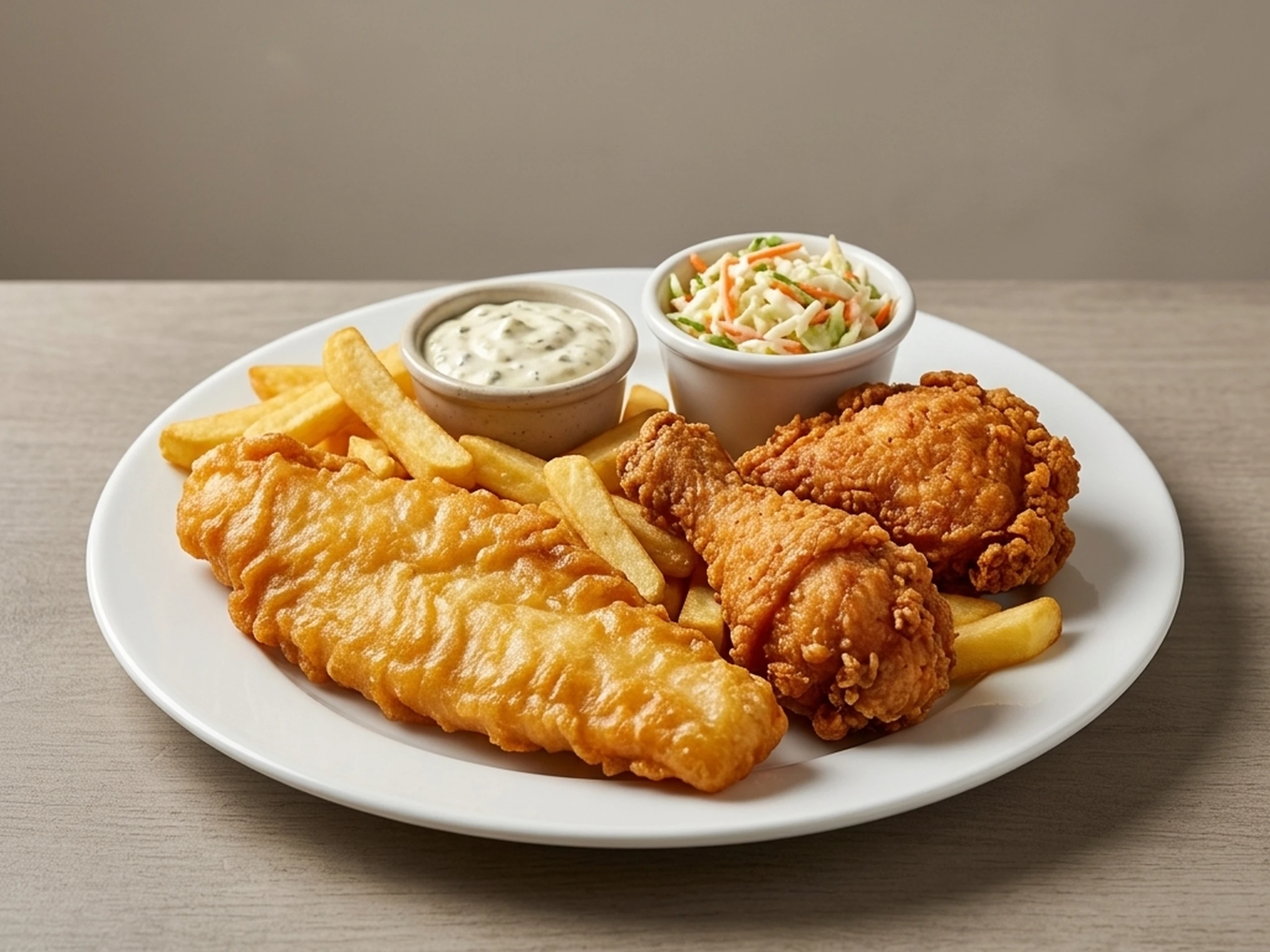 Fish and chicken combo at Jackson Heights Fish And Chips Winnipeg - battered fish and fried chicken with chips