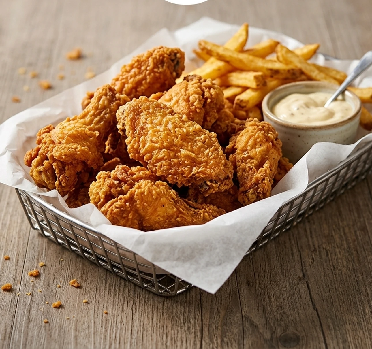 Chicken wings at Jackson Heights Fish And Chips Winnipeg - crispy fried wings with fries and dipping sauce