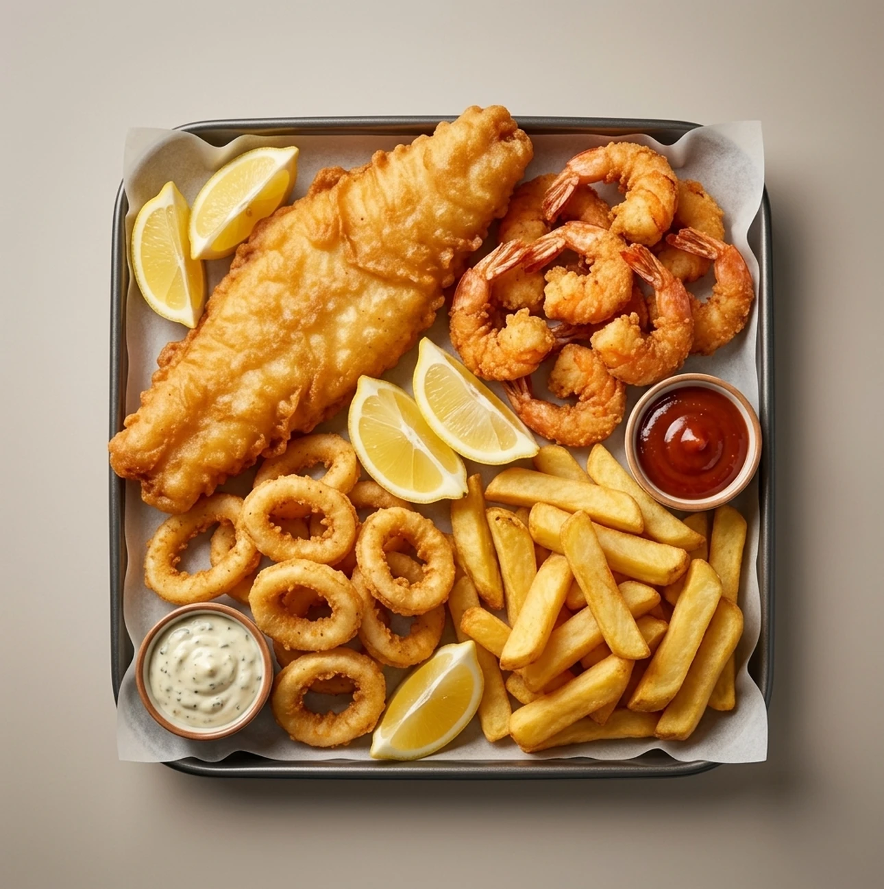 Seafood platter at Jackson Heights Fish And Chips Winnipeg - mixed seafood with battered fish and crispy sides