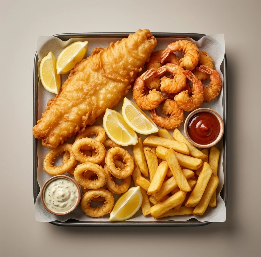 Seafood platter with mixed seafood and chips at Jackson Heights Winnipeg